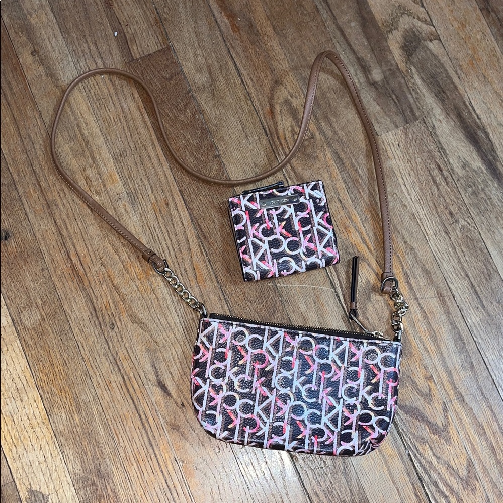 Calvin Klein Pink brown Monogram Crossbody and Matching billfold with zipper